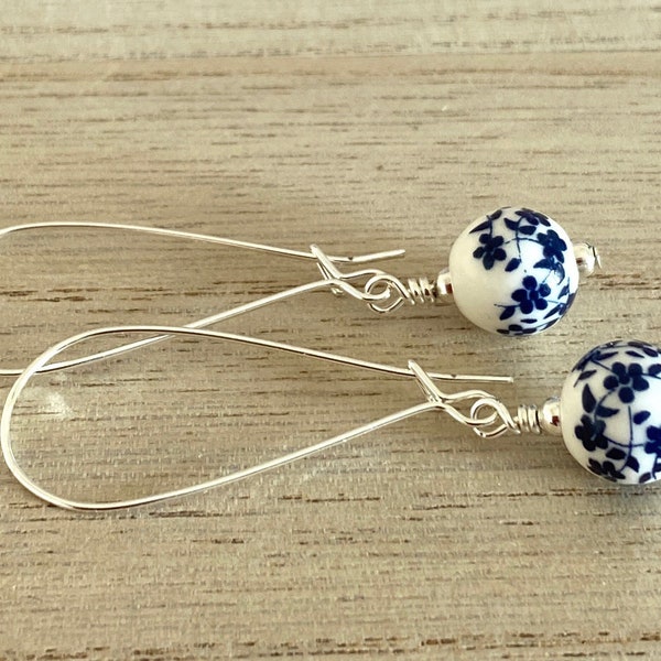 Beautiful Blue Flower Ceramic  Bead Earrings, Vintage Flower Design, Long Flower Earrings, Blue & White Drop Earrings with Kidney Ear Wires