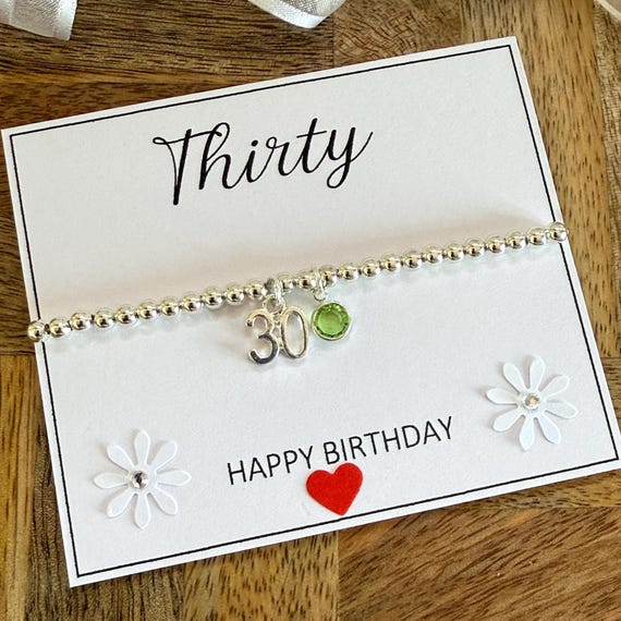 30th Birthday Birthstone Silver Bracelet, Silver Beaded Stretch
