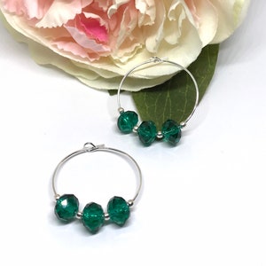 Faceted Green Glass Silver Hoop Earrings, Green Glass Earrings, Everyday Earrings, Gift for her, UK Shop