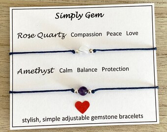 Rose Quartz & Amethyst Gemstone Adjustable Bracelets, Protection-Balance-Love-Calm, Boho Bracelets, Genuine Gemstone Gift Bracelet, UK Shop