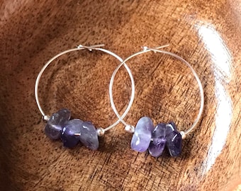 Amethyst Hoop Earrings, Gemstone Hoop Earrings, Boho Earrings, February Birthstone, Bohemian Chakra Hoop Earrings, Gift for Her, UK Shop