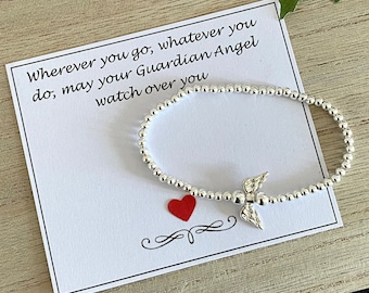 May Your Guardian Angel Watch Over You - Silver Beaded Angel Wing Bracelet, Silver Plated Stretch Bracelet, Friend-Mum-Sister Angel Gift Uk