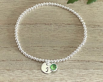 Personalised Birthstone and Initial Silver Bracelet, Silver Stretch Bracelet, Birthday-Friend-Mum-Sister Initial Bracelet Gift, Uk Shop