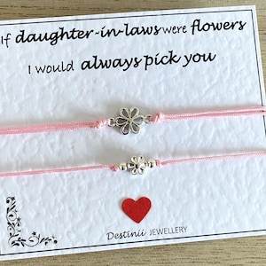 Se le nuore fossero fiori, sceglierei sempre te - Bracciale regolabile in cordoncino rosa con fiore d'argento, regalo per la nuora, biglietto ricordo