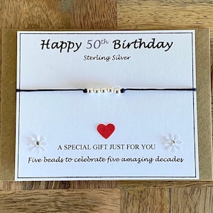 Fiftieth Birthday Sterling Silver Beads for 5 Amazing Decades, Adjustable Cord Bracelet, Happy 50th Birthday Bracelet, Gift for Her, UK