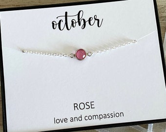 Delicada pulsera con piedra natal de octubre, pulsera de plata de ley y piedra natal rosa de Swarovski, regalo minimalista para ella, amistad, Reino Unido