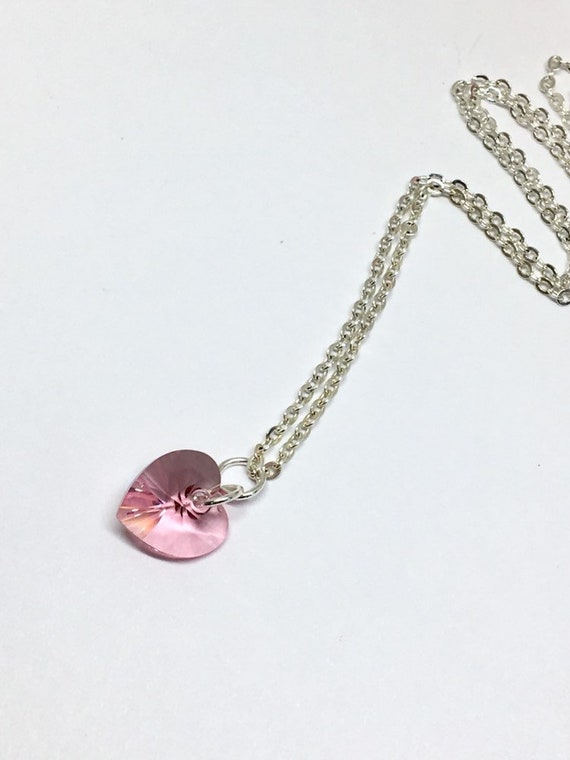 Pink Swarovski Heart Necklace, Crystal Heart Necklace, Silver