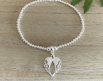 Angel Wing Silver Bead Stretch Bracelet, Silver Plated Angel Wing Bracelet, Guardian Angel-Loss of Loved One Jewellery, Friend-Mum-Sister UK