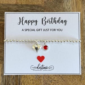 Pulsera de plata con corazón de feliz cumpleaños y piedra natal, pulsera elástica de plata con corazón, pulsera para cumpleaños de amiga, madre y hermana, idea de regalo de cumpleaños, Reino Unido