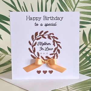 Special Mother-in-Law Birthday Card, Rose Gold Glitter Wreath, Satin Ribbon, Pearls and Hearts - Handmade Birthday Card for Her, UK