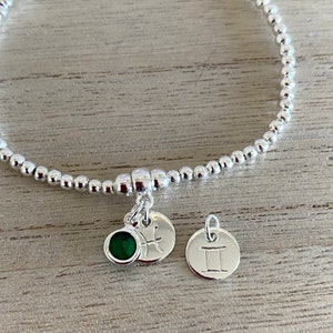 Personalised Birthstone and Zodiac Silver Bracelet, Silver Stretch Bracelet, Birthday-Friend-Mum-Sister Initial Bracelet Gift, Uk Shop