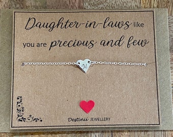 Daughter-in-laws Like You are Precious and Few Initial Silver Plated Bracelet, Silver Heart Chain Bracelet, Gift for Her, Birthday Christmas