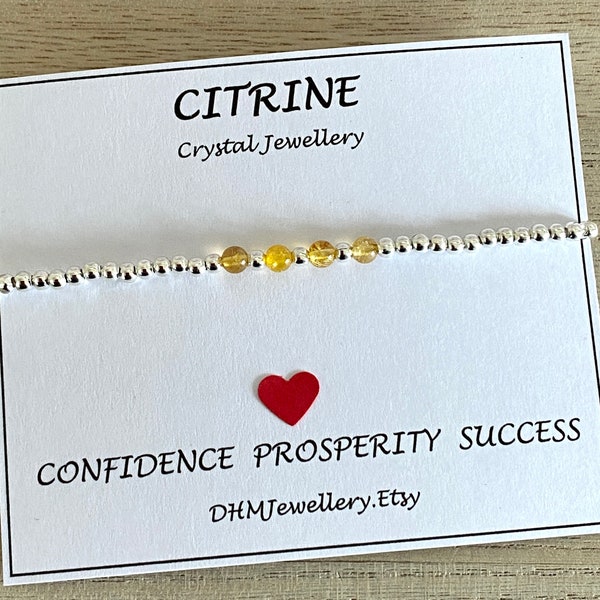 Genuine Citrine Gemstone and Silver Bead Stretch Bracelet, Prosperity and Success Healing Gemstone, Gift for Her, November Birthstone, UK