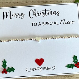 Joyeux Noël à une nièce spéciale, cadeau bracelet coeur en perles d'argent, bracelet extensible plaqué argent, bracelet coeur, cadeau pour elle, boutique britannique