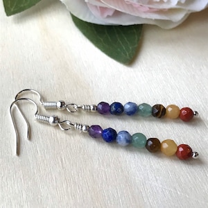 Peut inclure: Une paire de boucles d'oreilles pendantes en argent avec sept perles de pierres précieuses de chakra. Les perles sont violettes, bleues, bleu clair, vertes, brunes, jaunes et rouges.