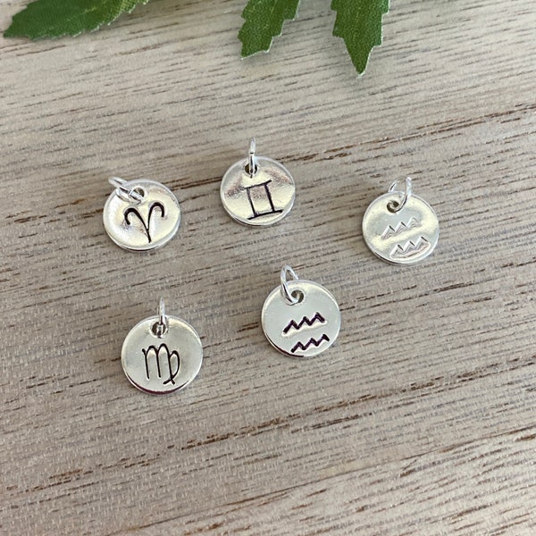 Add On Zodiac Sign Charm, Hand Stamped Zodiac Discs, 10 mm Silver Plated Round Star Sign Charm, Bracelet-Necklace Charm, UK shop