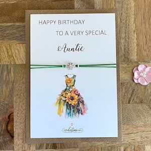 Tante Silber Blume Geburtstagsarmband, Tante Geschenk, Tante Geburtstagskarte, Tante Geburtstagsgeschenk, Wunschschnur Geschenk für Tante, UK