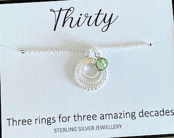30th Birthday Sterling Silver Necklace, Three Amazing Decades, 3 Circle Necklace, Personalised Birthstone Jewelry, 30th Birthday Gift, UK