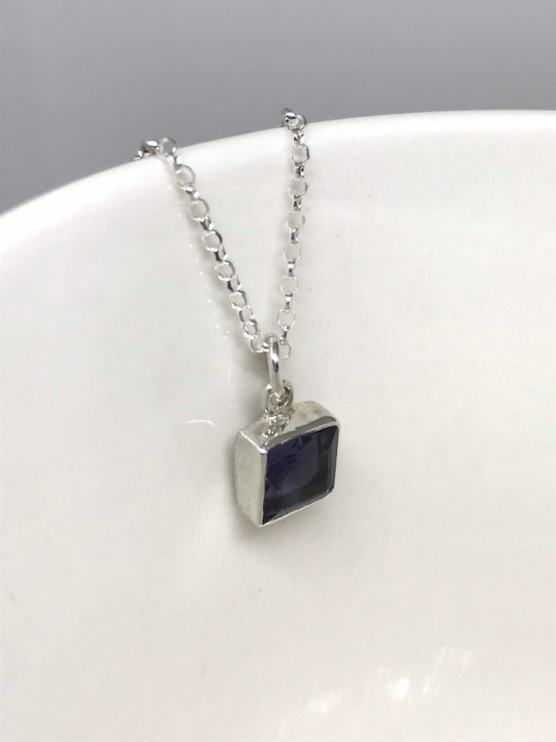 Gift for Her UK Sterling Silver Iolite Square Drop Necklace Genuine Iolite Gemstone Faceted Iolite Pendant December-January Birthstone