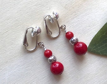 Coral Earrings, Gemstone beaded Earrings, Red Earrings, Red Silver Earrings, Dangle Clip On, Gift For Her, Wife Gift, Silver Earrings