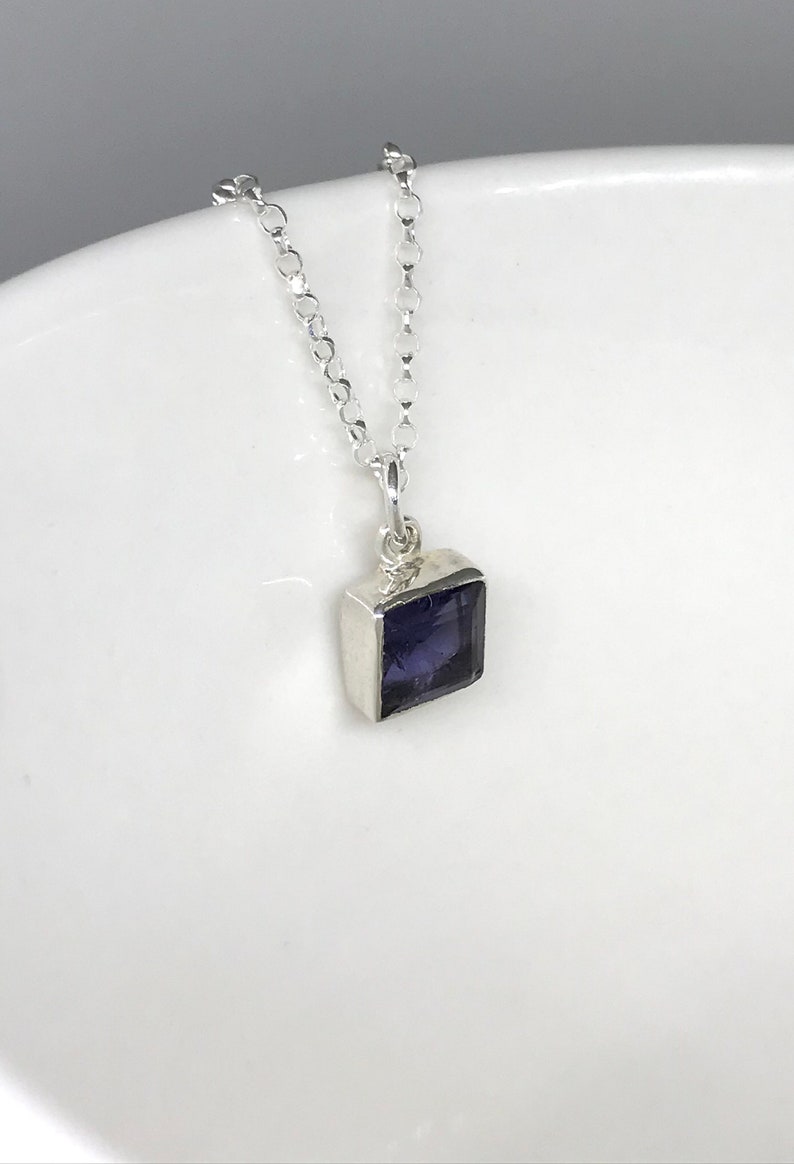 Gift for Her UK Sterling Silver Iolite Square Drop Necklace Genuine Iolite Gemstone Faceted Iolite Pendant December-January Birthstone
