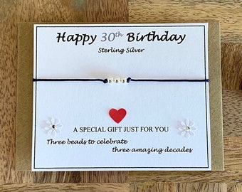 Thirtieth Birthday Sterling Silver Beads for 3 Amazing Decades, Adjustable Cord Bracelet, Happy 30th Birthday Bracelet, Gift for Her, UK