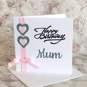 Mutter Geburtstagskarte, Bändchen und Herz Geburtstagskarte für Mama, Happy Birthday Glitzer karte, Special Mom Karte, Mam Karte, Blank inside, UK Shop