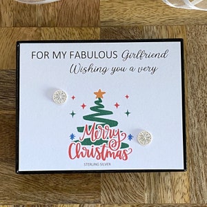 Pendientes de flores de plata de ley para novia para Navidad, idea de regalo de novia de feliz Navidad, pendientes de flores de plata, caja de regalo