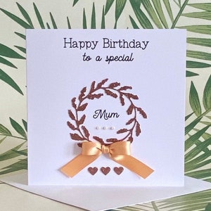 Special Mum Birthday Card, Rose Gold Glitter Wreath, Satin Ribbon, Pearls and Hearts Birthday Card for Mama, Card for Her, UK Shop