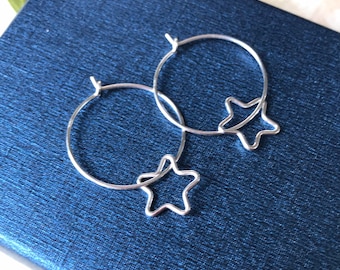 Star Hoop - Orecchini a cerchio per donne e ragazze, in argento Sterling, a forma di stella, ipoallergenici, minimalisti, per orecchie sensibili, regalo, Argento