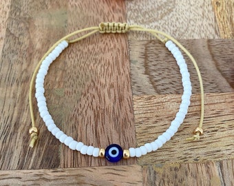 Evil Eye Adjustable Cord Bracelet, Macrame Sliding knot, Blue Eye Protection Gift for Her/Him – Birthday, Friendship, Family, Colleague