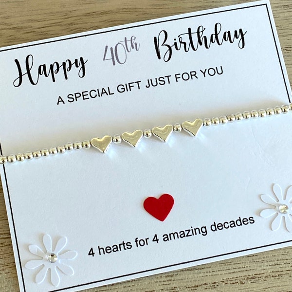 40th Birthday Heart Bracelet, Silver Beaded Stretch Bracelet, Forty Happy Birthday Bracelet Gift, 4 hearts for 4 decades, 40th Quote Card