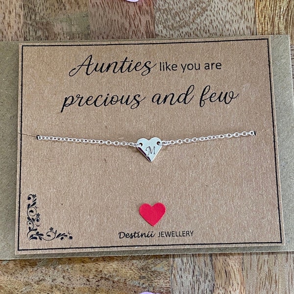 Aunties Like You are Precious and Few Initial Silver Plated Bracelet, Silver Heart Chain Bracelet, Gift for Her, Birthday Christmas, UK Shop