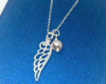 Sterling Silver Angel Wing Necklace, Pearl Necklace, Angel Wings, Silver Feather Necklace, Bridesmaids Necklace, Delicate Necklace, Uk shop