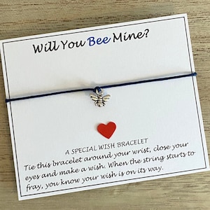 Pulsera de deseos para el día de San Valentín Will You Bee Mine, regalo de pulsera unisex para San Valentín, pulsera ajustable con deseos de abeja, tarjeta para el día de San Valentín, tienda del Reino Unido