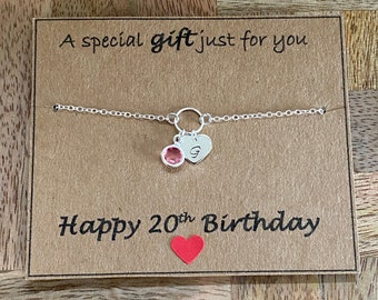 20th Birthday Initial Birthstone Silver Plated Bracelet, A Special Gift Just For You 20th Bracelet Gift, 20th Quote Card, Gift for Her UK