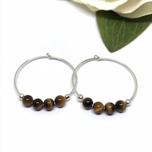 Sterling Silver Tiger Eye 25mm Hoop Earrings, Gemstone Hoop Earrings, Boho Crystal Hoop Earrings, Bohemian Chakra Earrings, Gift for Her, UK