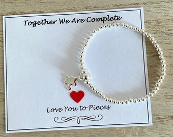 Pulsera elástica con diseño de rompecabezas "Juntos somos completos", chapada en plata, regalo "Te amo hasta las lágrimas", para pareja, esposa, novia o amante, regalo para ella (Reino Unido).
