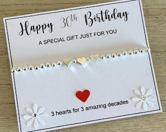 30th Birthday Heart Bracelet, Silver Beaded Stretch Bracelet, Thirty Happy Birthday Bracelet Gift, 3 hearts for 3 decades, 30th Quote Card