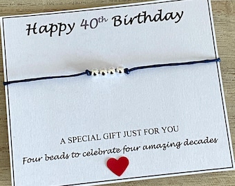 Fortieth Birthday Silver Beads for 4 Amazing Decades, Adjustable Cord Bracelet, Happy 40th Birthday Bracelet, Mum, Auntie, Friend UK