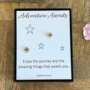 Sterling Silver Compass Stud Earrings, Adventure Awaits-Traveler Gift, Compass Earrings, Student-Graduation-Girlfriend-Friend, Gift for Her