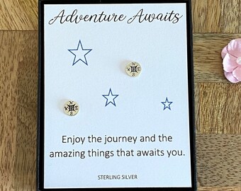 Sterling Silver Compass Stud Earrings, Adventure Awaits-Traveler Gift, Compass Earrings, Student-Graduation-Girlfriend-Friend, Gift for Her