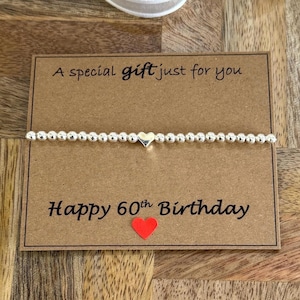 60 Geburtstag Herz Armband, Silber Perlen Stretch Armband, Happy Birthday Armband Geschenk, Stapel Armband, 60 Geburtstag Karte, UK