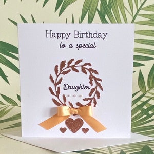 Special Daughter Birthday Card, Rose Gold Glitter Wreath, Satin Ribbon, Pearls and Hearts Birthday Card for Daughter, Card for Her, UK