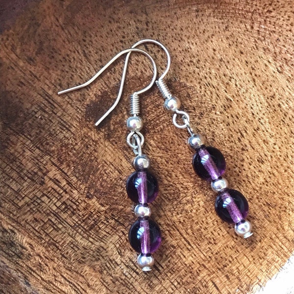 Amethyst Glass Bead Earrings, Purple Earrings, Drop Earrings, Gift For Her, Contemporary Earrings, Women's Earrings, Wife Gift, Gift for Her