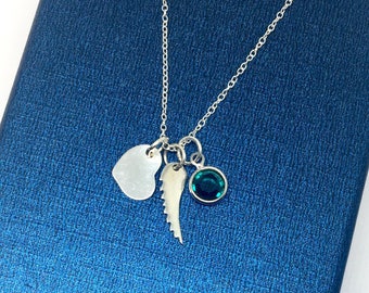 Sterling Silver Angel Wing Necklace, Sterling Silver Heart Necklace, Heart and Wing Necklace, Birthstone Necklace, Gift for Her, Uk shop