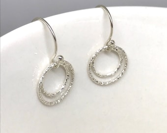 Sterling Silver diamond cut Double Eternity Circle Earrings, Sterling Silver Dangle Earrings, Silver Minimalist Earrings, Gift for Her, UK