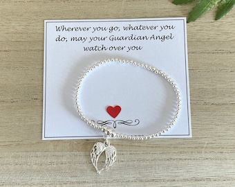 May Your Guardian Angel Watch Over You - Silver Beaded Angel Wing Bracelet, Silver Plated Stretch Bracelet, Friend-Mum-Sister Angel Gift, Uk