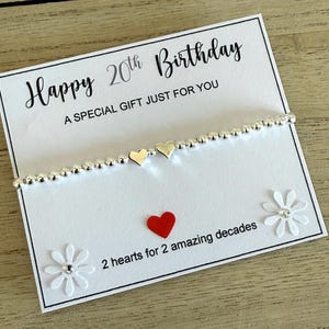 Bracelet coeur 20e anniversaire, bracelet extensible en perles d'argent, cadeau de 20 bracelets joyeux anniversaire, 2 coeurs pour 2 décennies, carte de citation 20e