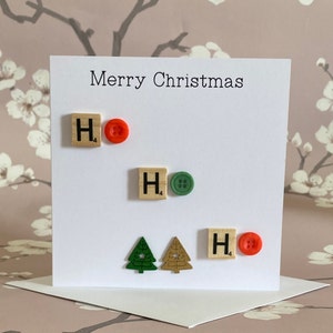 Cartolina di Natale, Ho Ho Ho Card, Biglietto di auguri, Bottoni, Piastrelle di scarabeo e alberi di Natale, Cartolina di auguri delle stagioni, Biglietto fatto a mano, Regno Unito